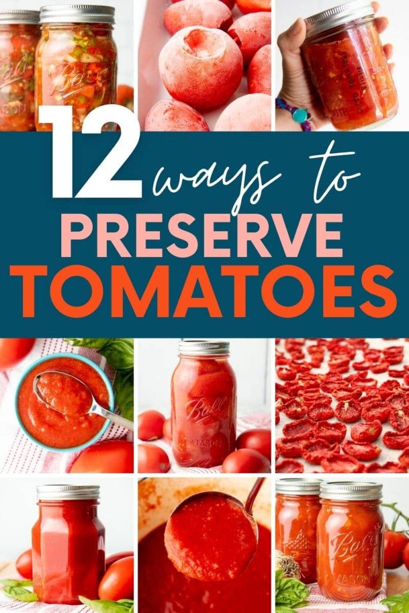 Collage showing nine different methods for preserving tomatoes for winter. A text overlay reads, "12 Ways to Preserve Tomatoes."