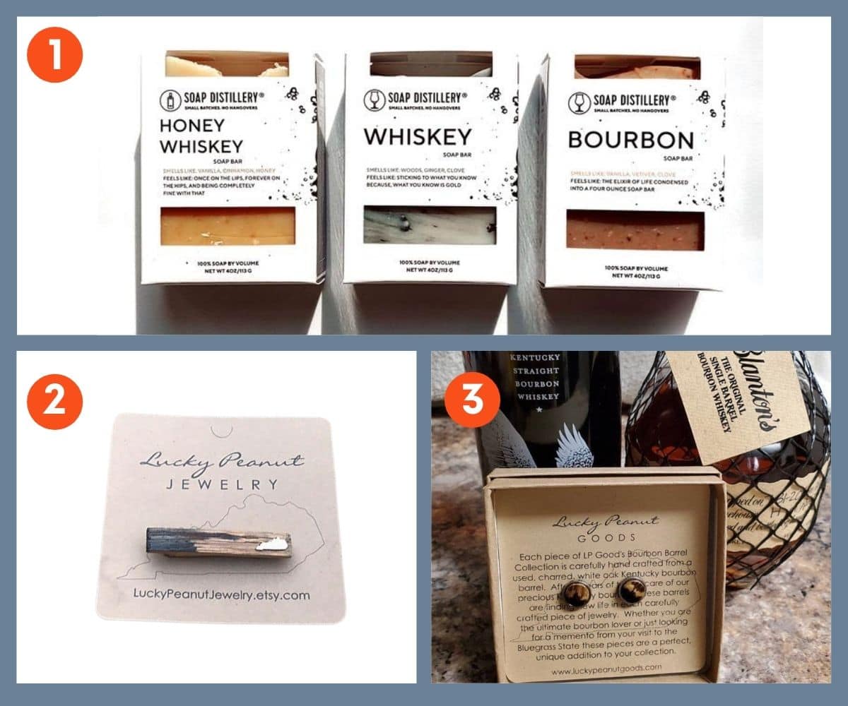 Collage of three whiskey accessories, including earrings and a tie pin made from whiskey barrels.