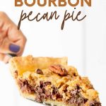 A hand holding a pie server with a slice of chocolate bourbon pecan pie on it. A text overlay reads, "Chocolate Bourbon Pecan Pie."