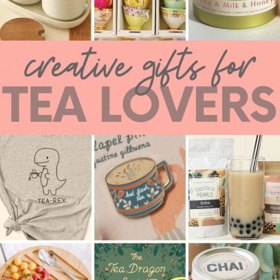 A collage of images showing gifts for tea lovers, including tea-scented candles, tea cups, and DIY tea sets. A text overlay reads "Creative Gifts for Tea Lovers"