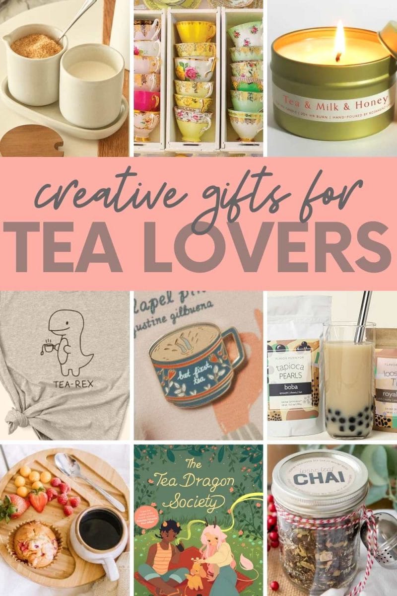 A collage of images showing gifts for tea lovers, including tea-scented candles, tea cups, and DIY tea sets. A text overlay reads "Creative Gifts for Tea Lovers"