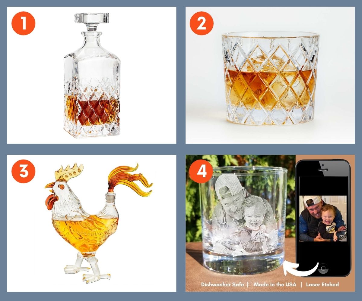 Four glassware gifts, including a whiskey decanters and rocks glasses.
