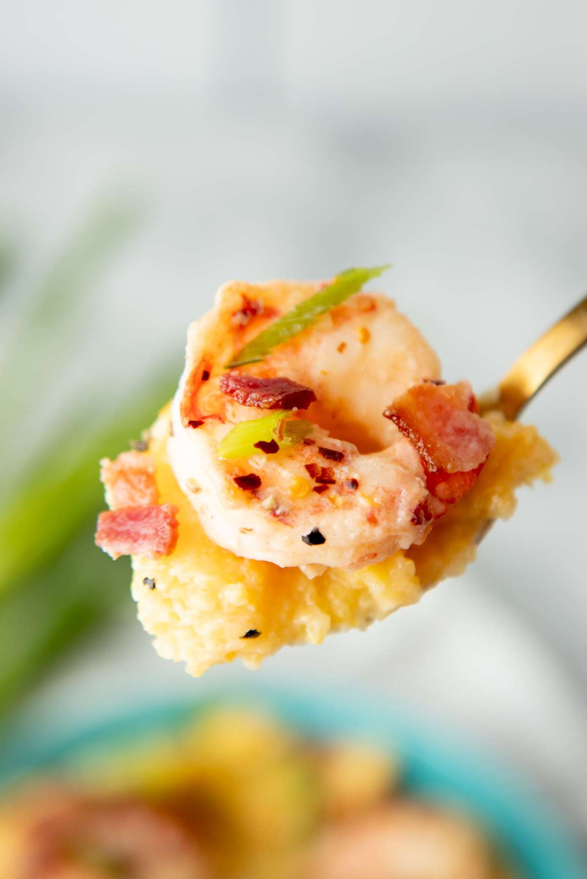 Close up of a spoonful of shrimp and grits with bacon bits and green onion.