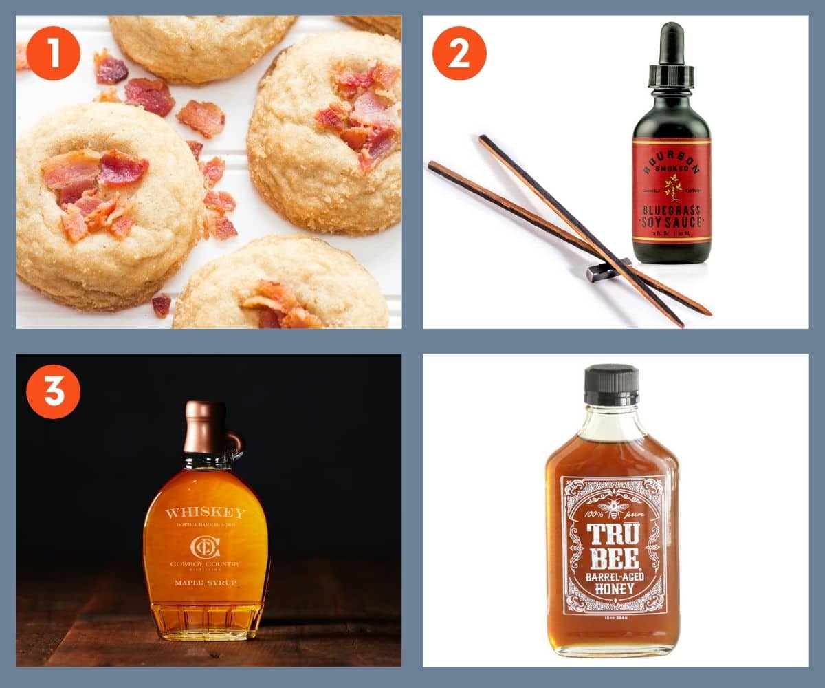 Four whiskey-infused foods, including barrel-aged honey, maple syrup, and soy sauce.
