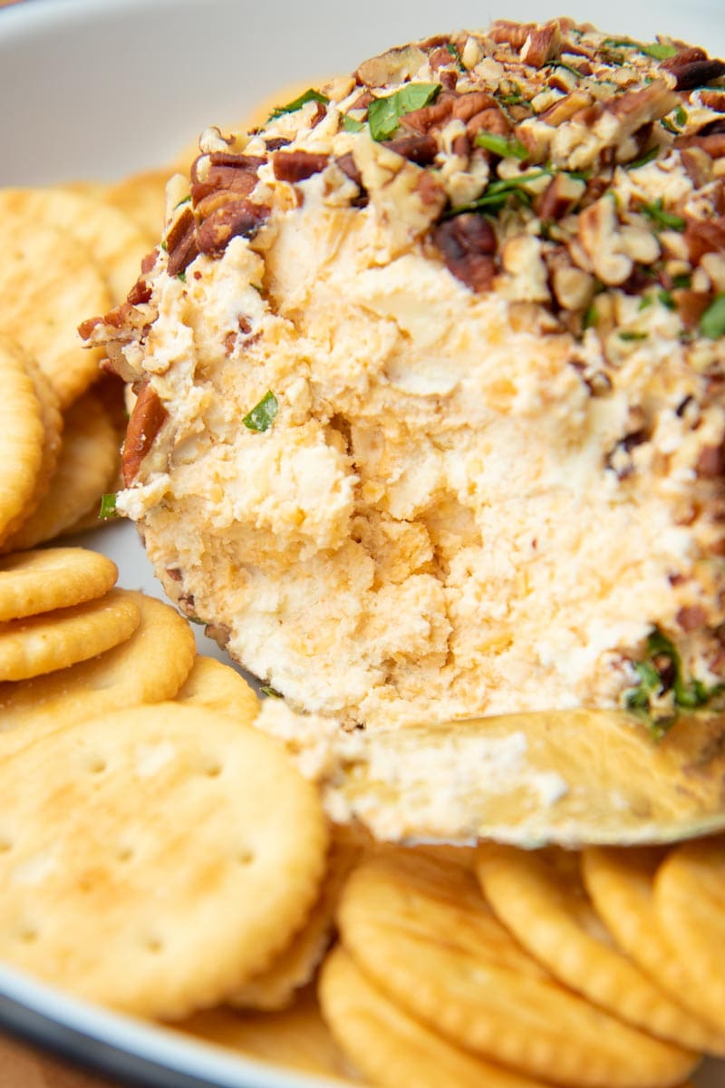 Close-up of the inside of the cheese ball after serving.