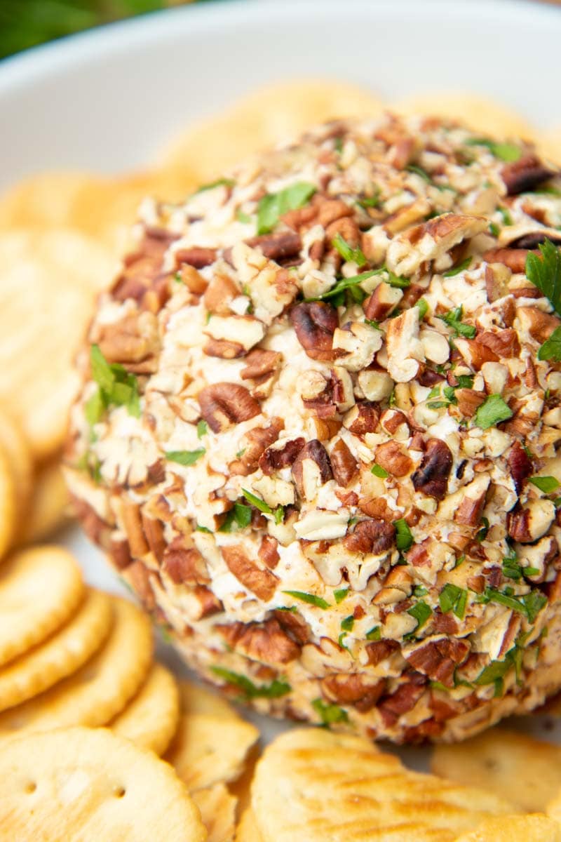 Close view of finished cheese ball crusted with toasted pecan pieces and chopped fresh herbs.