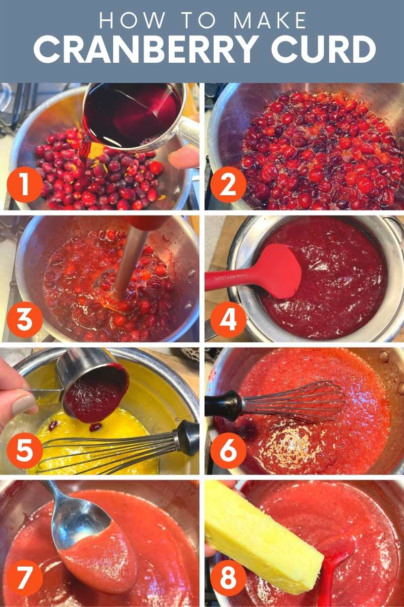 Collage of eight steps to making homemade cranberry curd.
