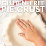 A hand presses gluten-free pie crust into the bottom of a pie plate. A text overlay reads, "The Best Ever! Gluten-Free Pie Crust."