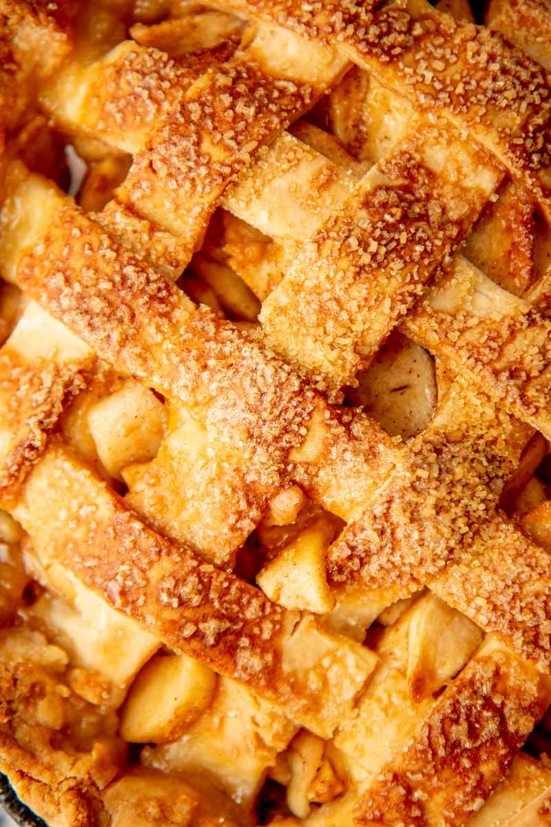 Baked lattice crust in a close up overhead view.