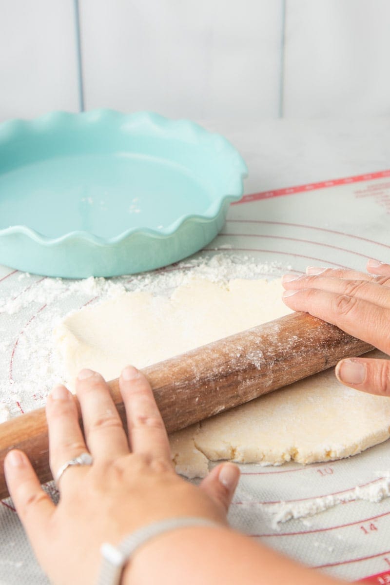 Two hands roll out a disk of pie dough.