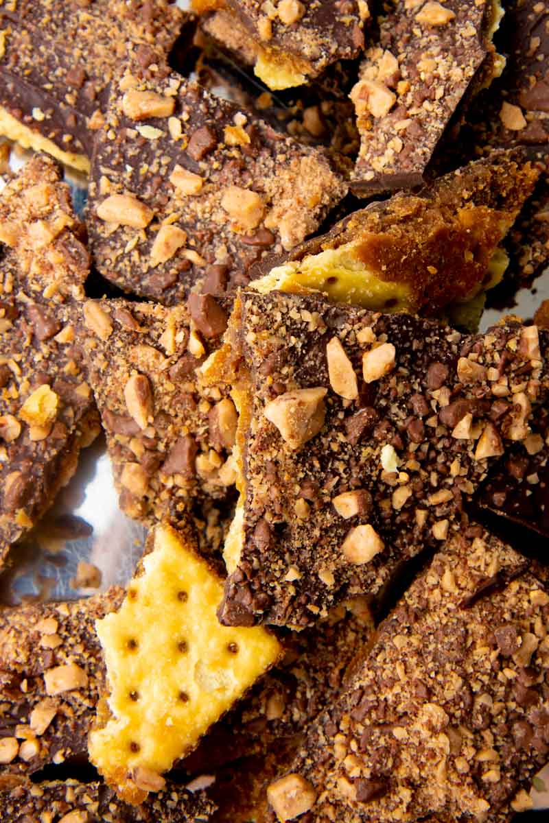 Close view of Christmas cracker toffee piled on a tray.