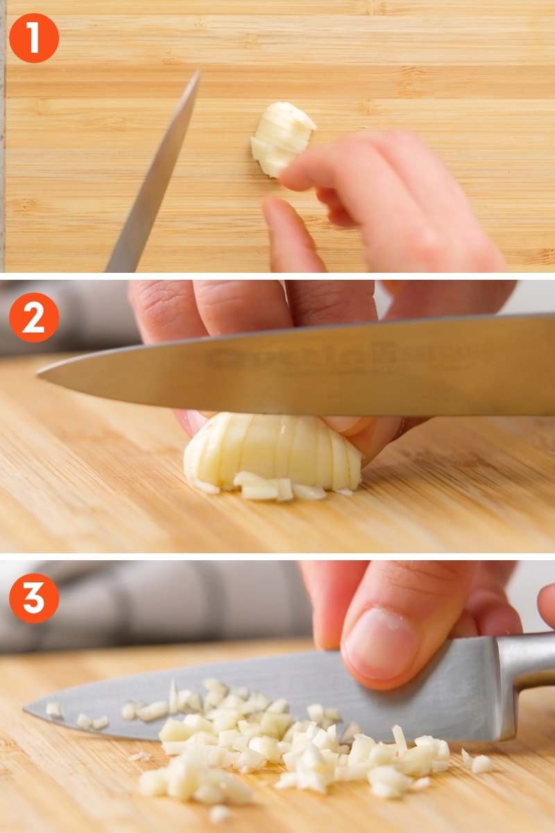 Collage of three steps to mince garlic.