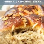 Front view of the inside of a loaf of cardamom bread. A text overlay reads "PUlla Finnish Cardamom Bread"