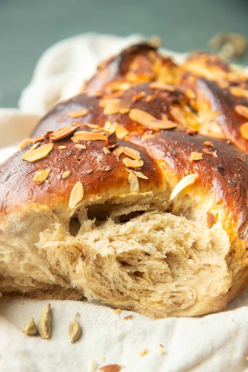 Close view of the soft interior of a loaf of pulla bread.