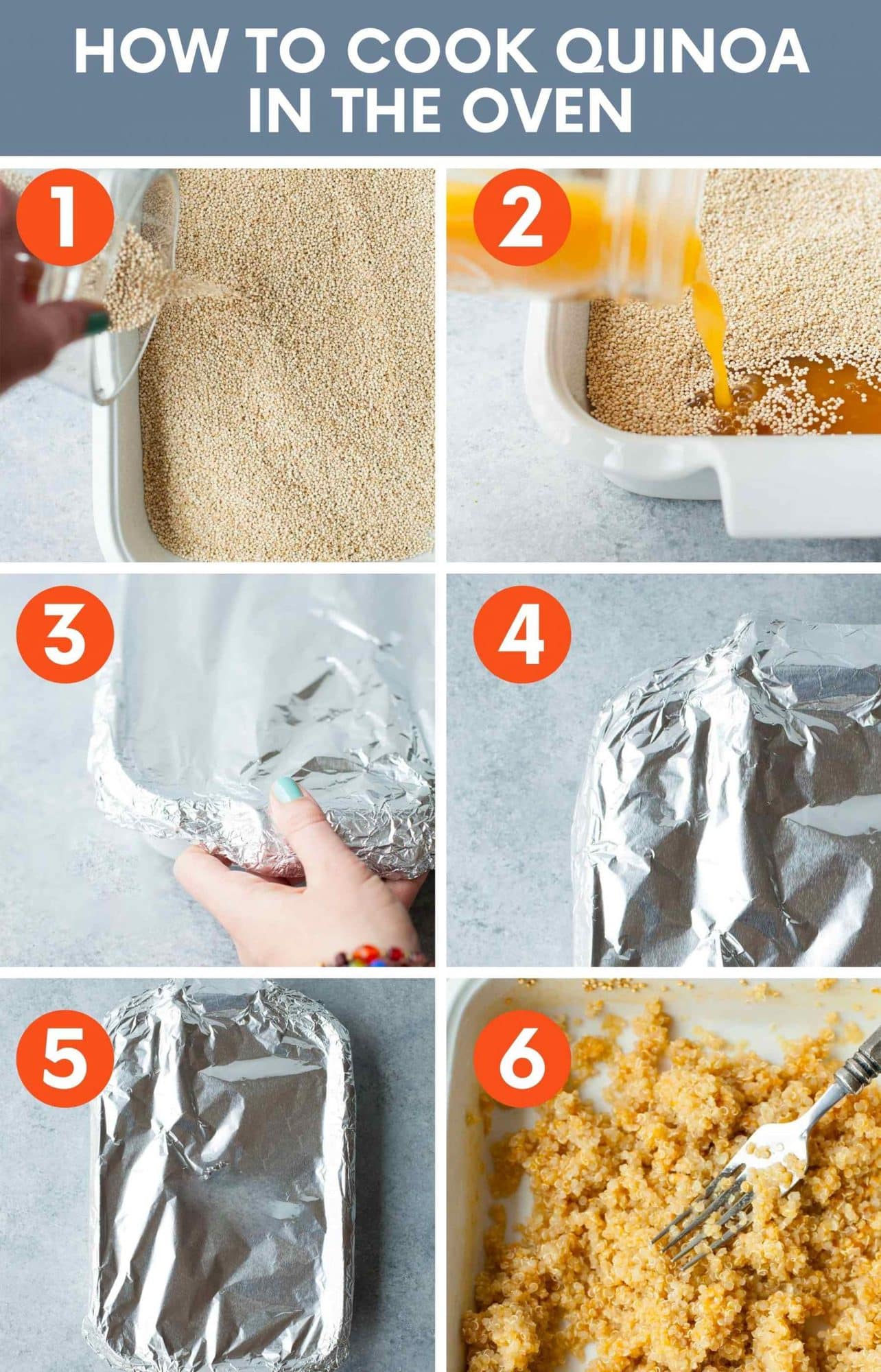 Collage showing how to cook quinoa in the oven in six steps.