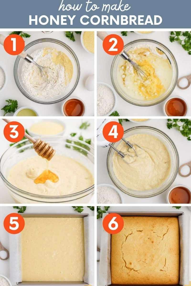 Collage showing six steps to make this honey cornbread recipe.