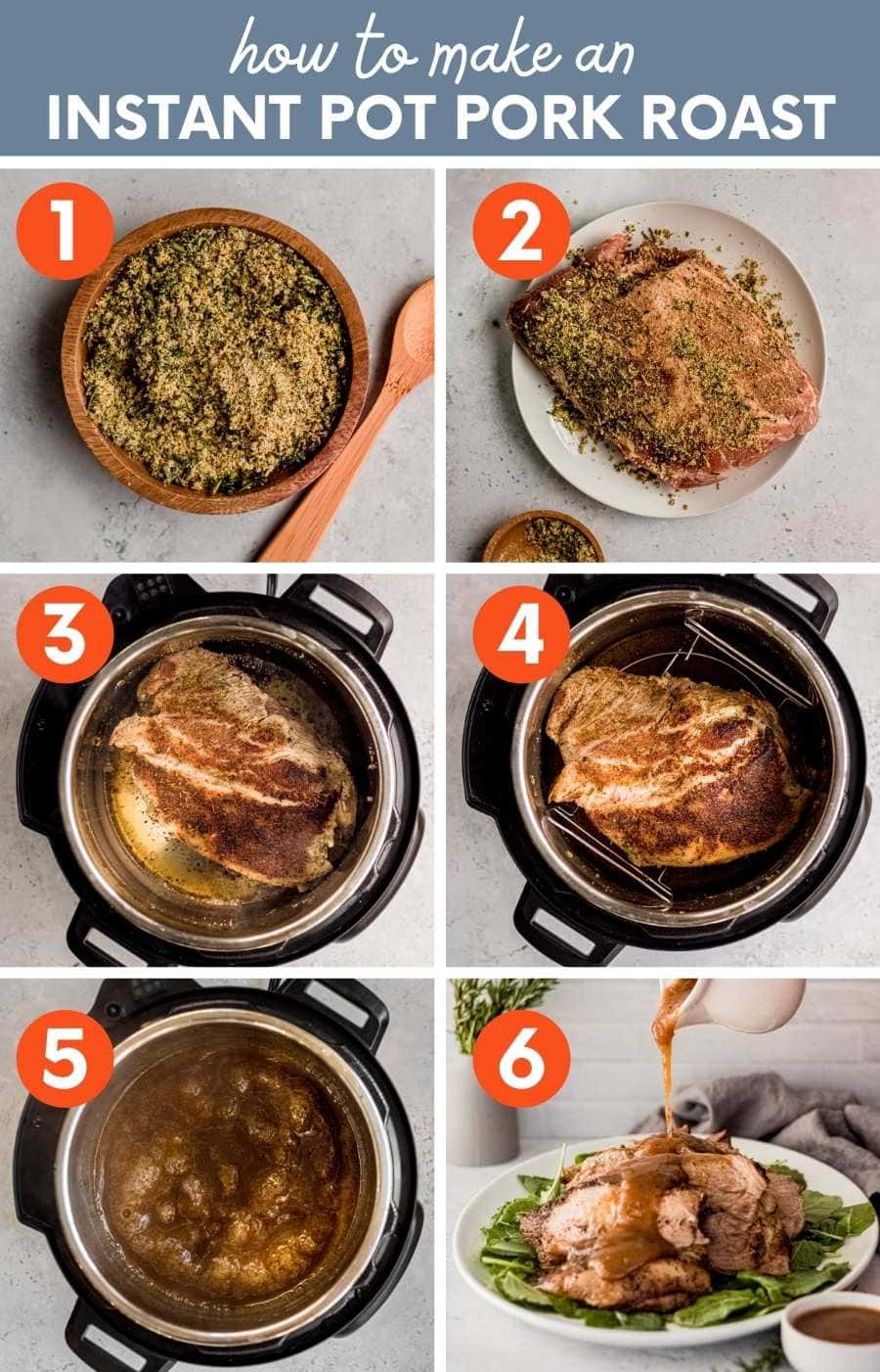 Collage showing six easy steps to make instant pot pork roast. A text overlay reads, "How to make an Instant Pot Pork Roast."