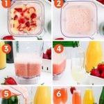 Collage of six steps to make a strawberry mimosa. A text overlay reads, "How to Make Strawberry Mimosas."