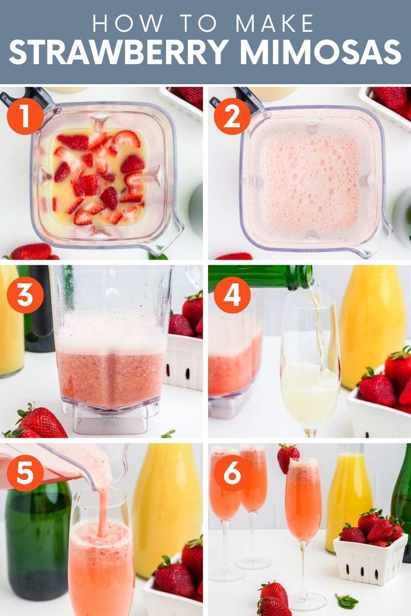 Collage of six steps to make a strawberry mimosa. A text overlay reads, "How to Make Strawberry Mimosas."