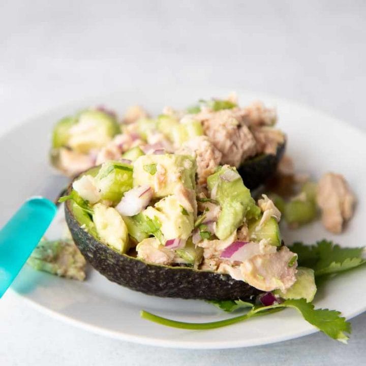 Two tuna salad avocado boats on a white plate with a sprig of cilantro and a spoon alongside.