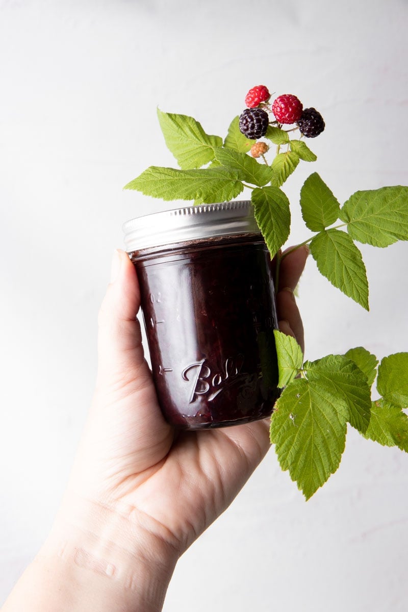 A hand holds up a half-pint jar of black raspberry jam along with sprigs of fresh berries and leaves.