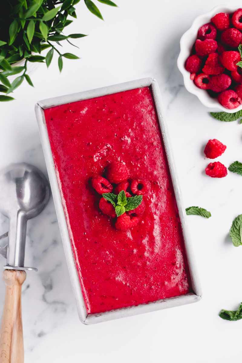 Frozen sorbet in a loaf pan garnished with fresh raspberries and mint, an ice cream scoop rests alongside.