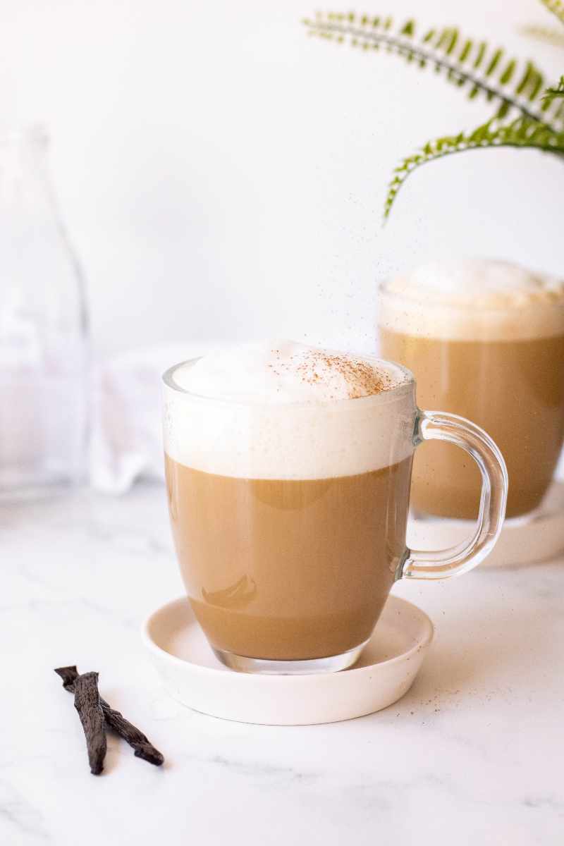 A homemade vanilla latte is dusted with a sprinkle of cinnamon on top.