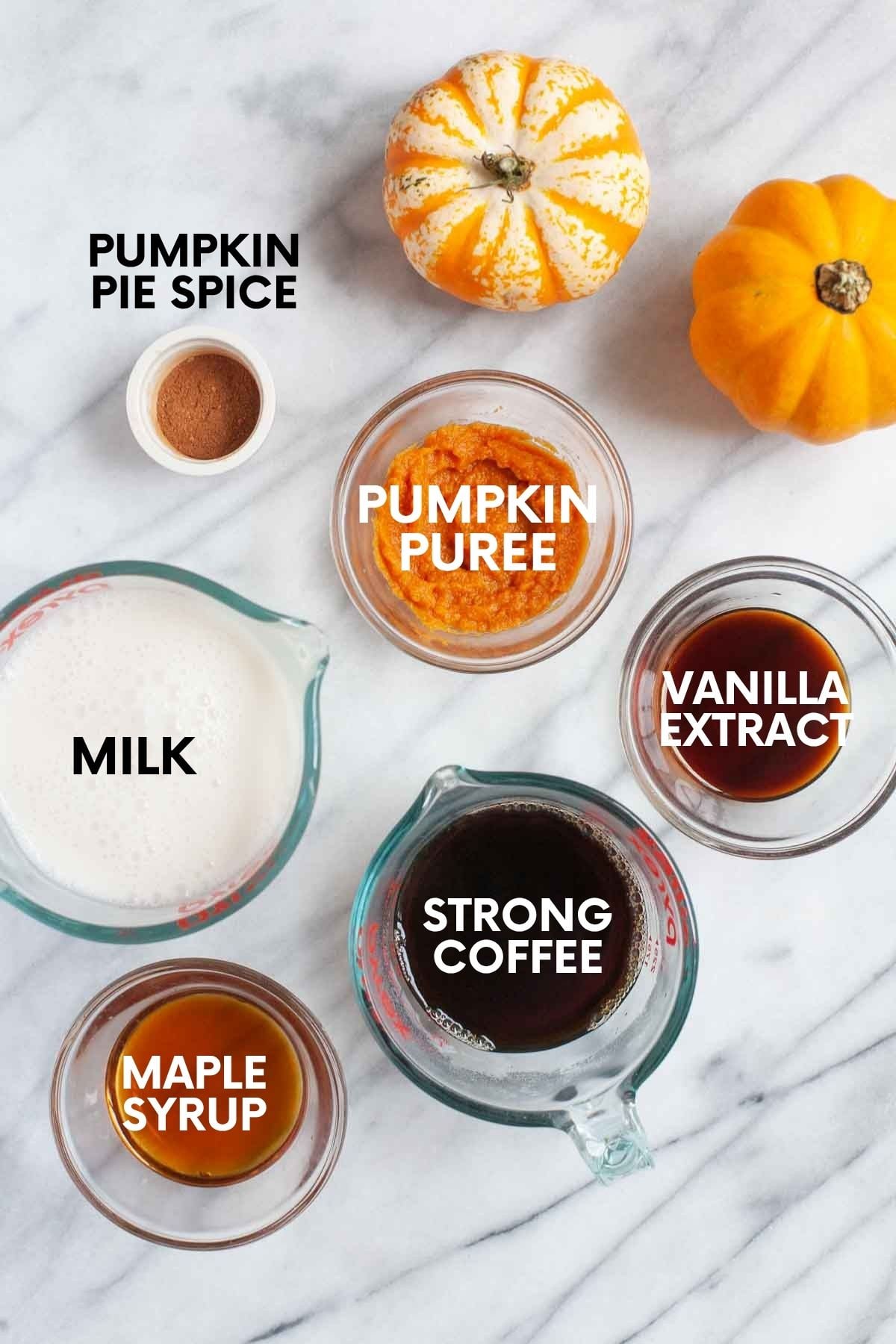 Ingredients for homemade pumpkin spice latte on a gray marble countertop