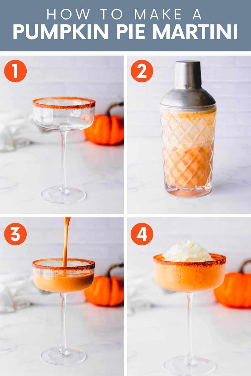 Collage of four steps showing how to make a thanksgiving cocktail. A text overlay reads, "How to Make a Pumpkin Pie Martini."