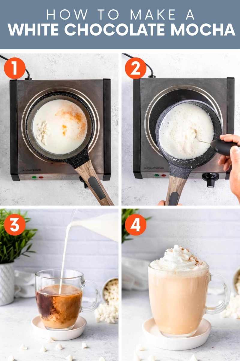 Collage showing four simple steps to make a white chocolate mocha. A text overlay reads, "How to Make a White Chocolate Mocha."
