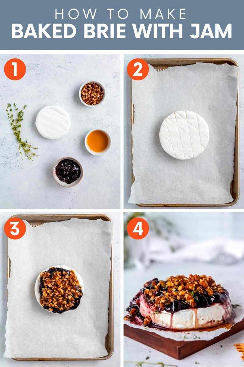 Collage of four images showing the simple steps to make baked brie with jam. A text overlay reads, "How to Make Baked Brie with Jam."