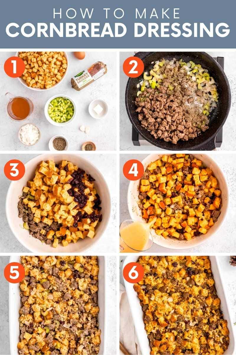 Collage of six images showing how to make sausage and cornbread dressing. A text overlay reads, "How to Make Cornbread Dressing."
