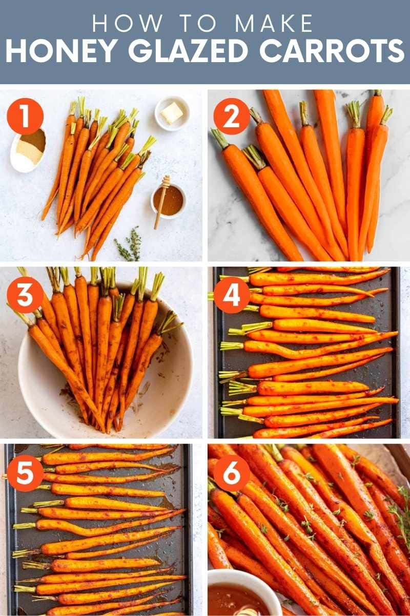 A collage of six images showing the steps to make honey glazed carrots. A text overlay reads, "How to Make Honey Glazed Carrots."