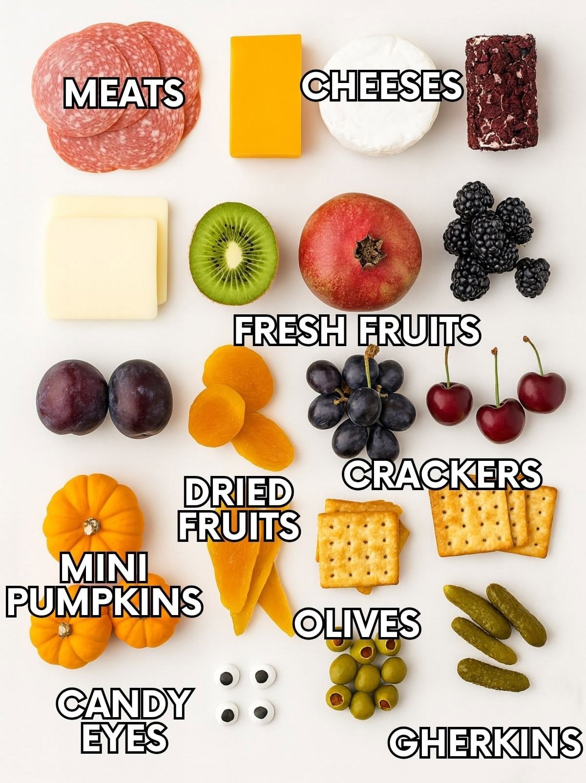 Ingredients for a Halloween charcuterie board on a white countertop