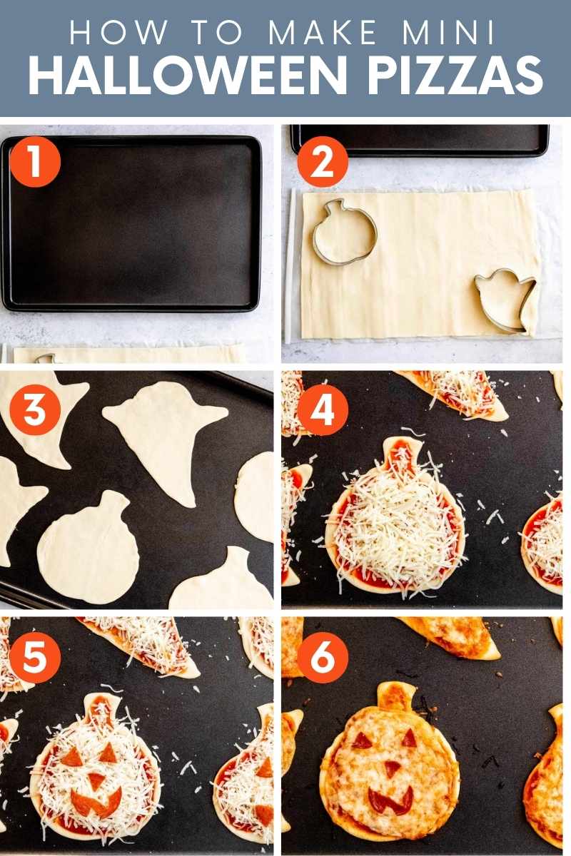 Collage of six steps to make easy mini pizzas for halloween. A text overlay reads, "How to Make Mini Halloween Pizzas."