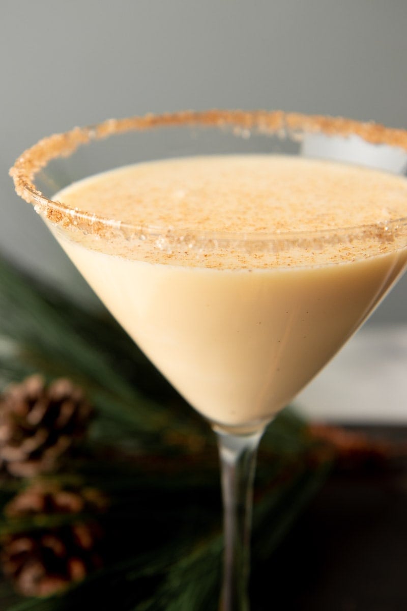 A creamy cocktail close up in a glass with a cinnamon and sugar rim.