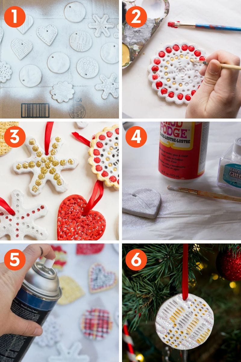 A step-by-step collage showing. how to decorate salt dough ornaments. Step 1: spray paint ornaments white (optional), Step 2: paint with acrylic paint, Step 3 and 4: Decorate with glitter, Step 5: seal with poly spray, Step 6: hang with ribbon on tree