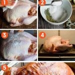 Collage of five images showing the simple steps for how to dry brine a turkey.