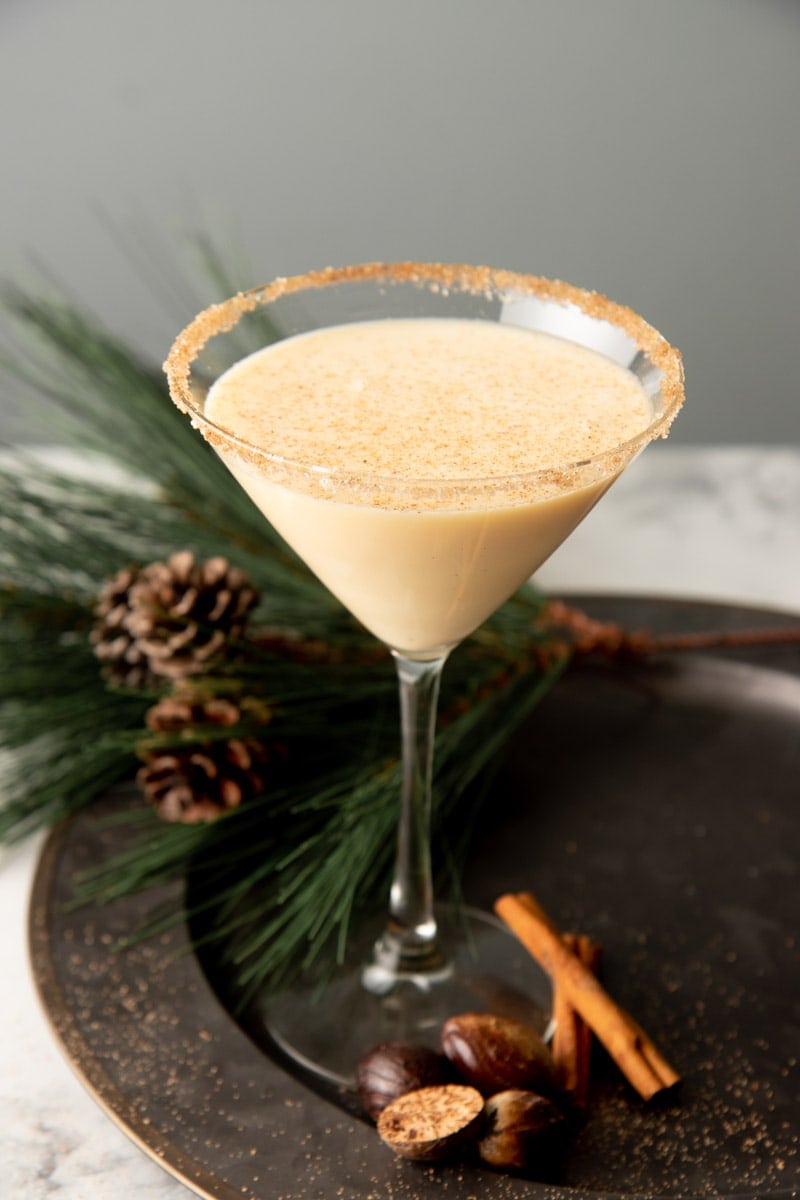 Top view of the cinnamon and sugar rim garnishing an eggnog martini.