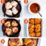 Collage of five steps to make honey garlic chicken thighs. A text overlay reads, "How to Make Honey Garlic Chicken Thighs."