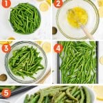 A collage of five easy steps to make roasted green beans. A text overlay reads, "How to Make Roasted Green Beans."