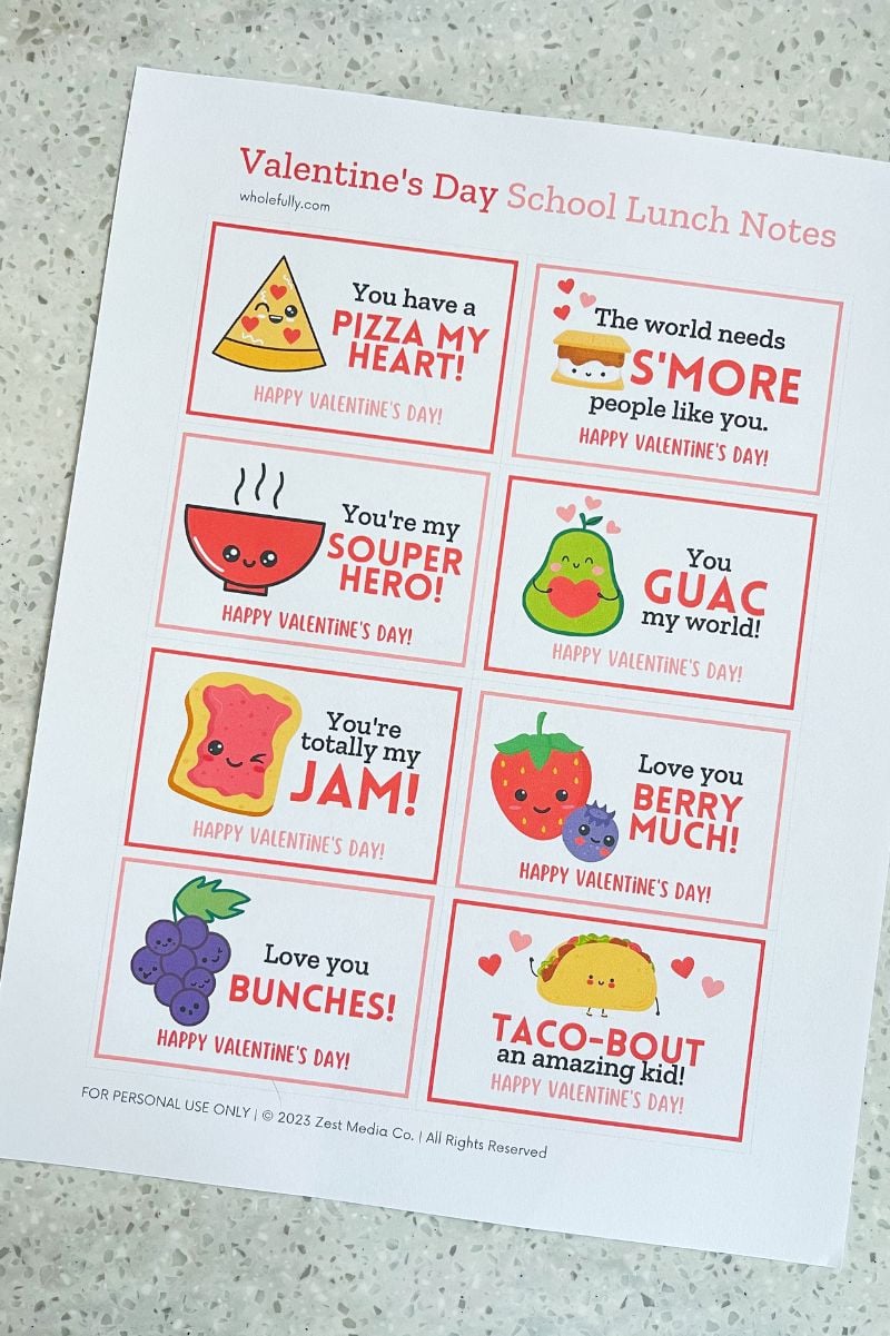 Eight Valentine's Day messages on one sheet of paper to print, cut, and put into a kid's lunch.