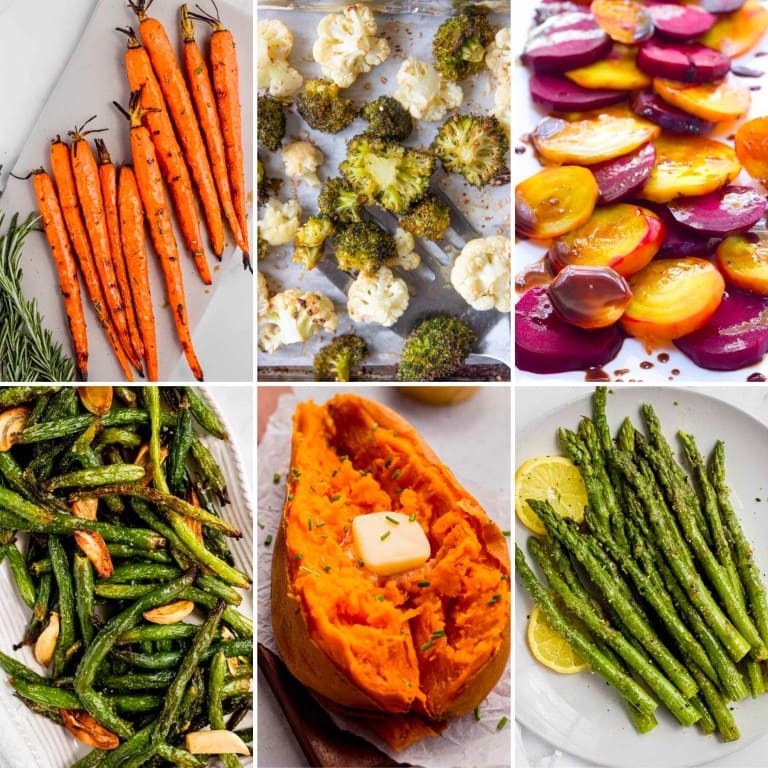 Collage of vegetable side dishes, including carrots, balsamic beets, garlic green beans, steamed asparagus, and more