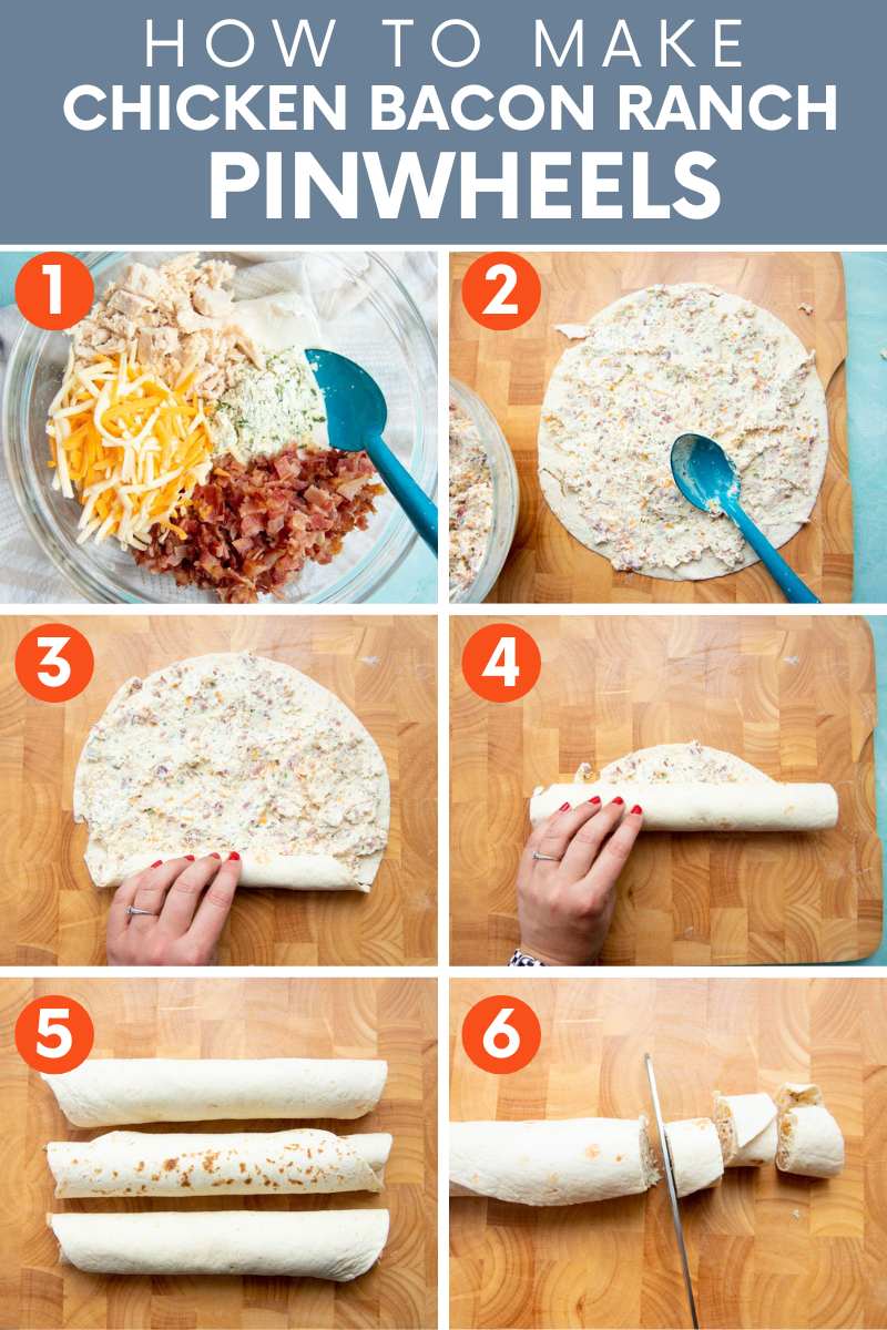 Collage of six easy steps for how to make chicken bacon ranch pinwheels.