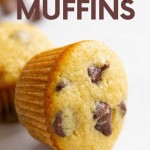 A mini muffin with chocolate lays on its side on a light countertop with a chocolate morsel nearby. A text overlay reads, "Mini Chocolate Chip Muffins."