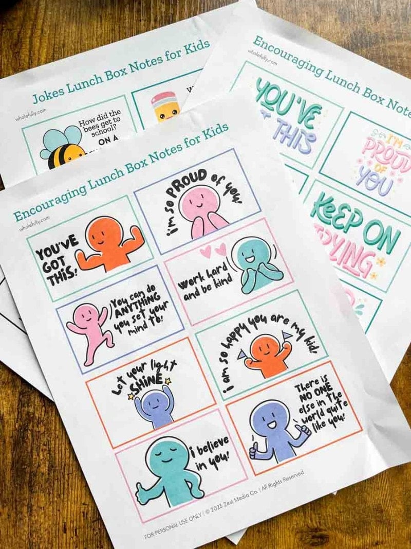 Sheets of free printable school lunch notes.