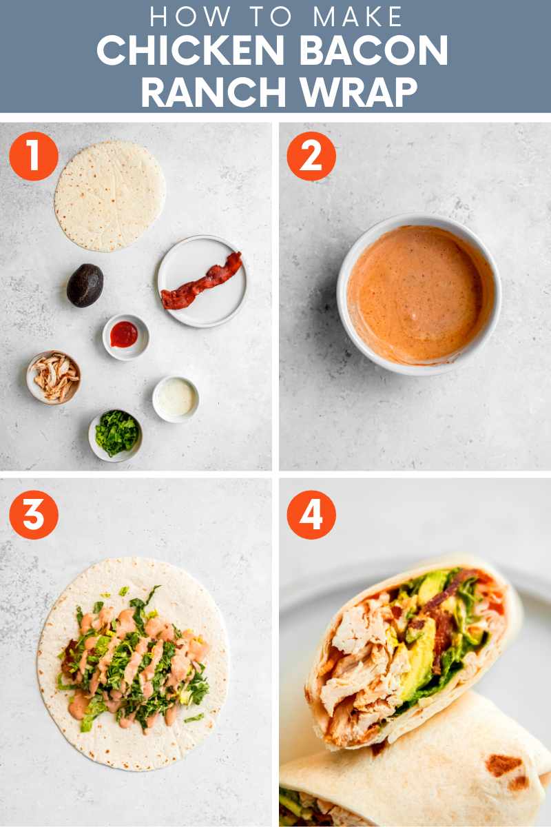 Collage of four images showing the easy steps to make a chicken bacon ranch wrap. A text overlay reads, "How to Make Chicken Bacon Ranch Wrap."
