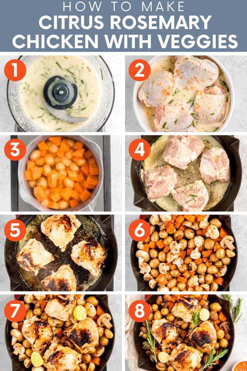 Collage of eight simple steps to make rosemary chicken. A text overlay reads, "How to Make Citrus Rosemary Chicken with Veggies."