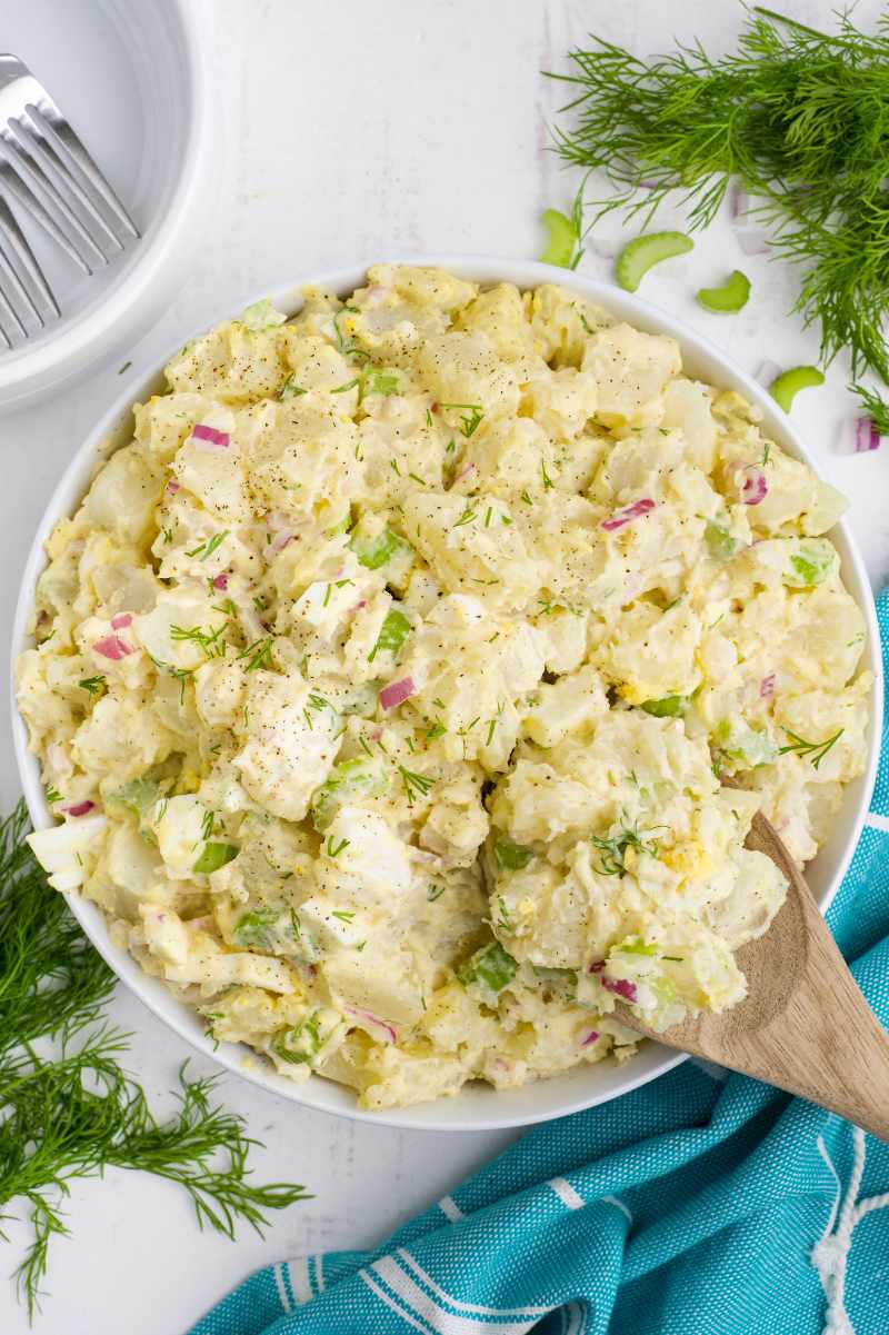 Top view of a large white bowl of potato salad with celery, red onion, and hard boiled eggs garnished with fresh dill.