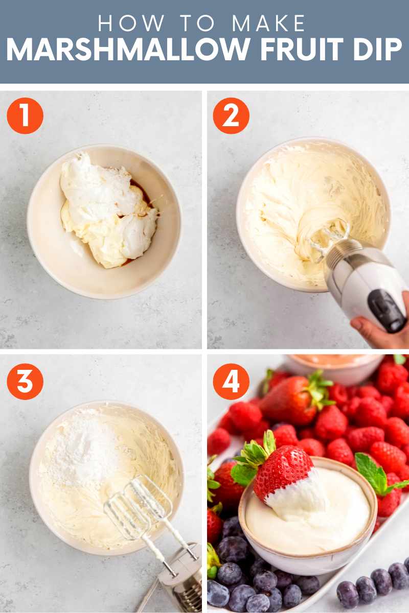 Collage of images showing the four simple steps to make fruit dip. A text overlay reads, "How to Make Marshmallow Fruit Dip."